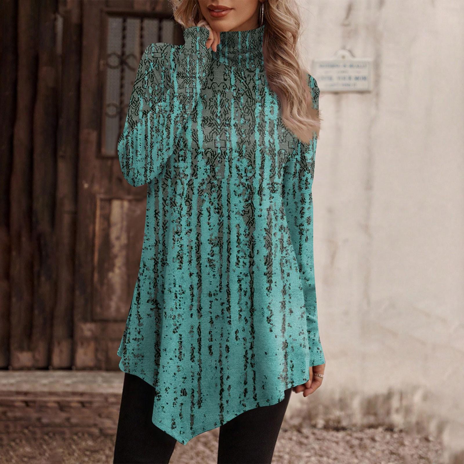 

Повседневная модная рубашка с цветочным принтом, топы с высоким воротом, пуловеры с длинными рукавами и нерегулярным подолом XL синий