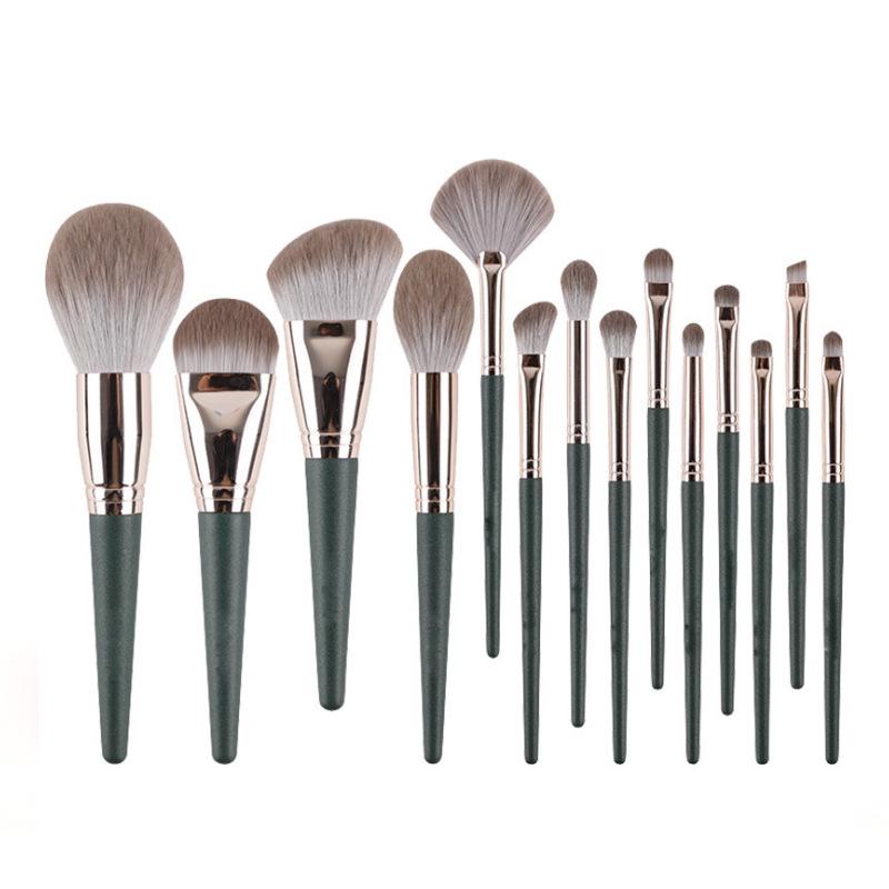 14-Piece Green & Blue Makeup Brush Set - Includes Eyeshadow, Face Brushes, and Portable Case