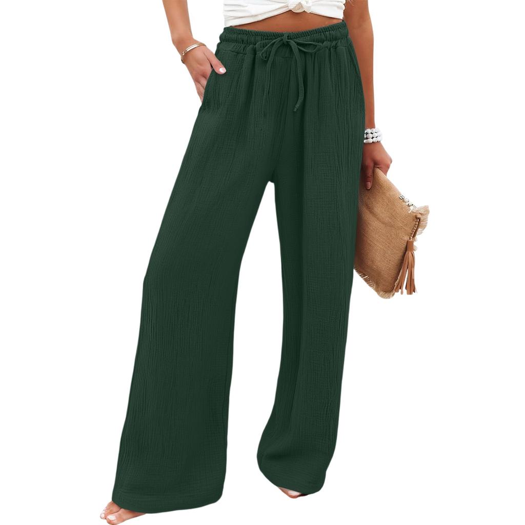 Women's Wide Leg Pants Elastic High Waist Drawstring Pants Flowy Summer Beach Palazzo Pants Casual Trousers