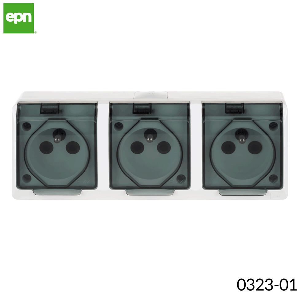 3-way surface-mounted socket, IP44, white, smoke flap, HERMES