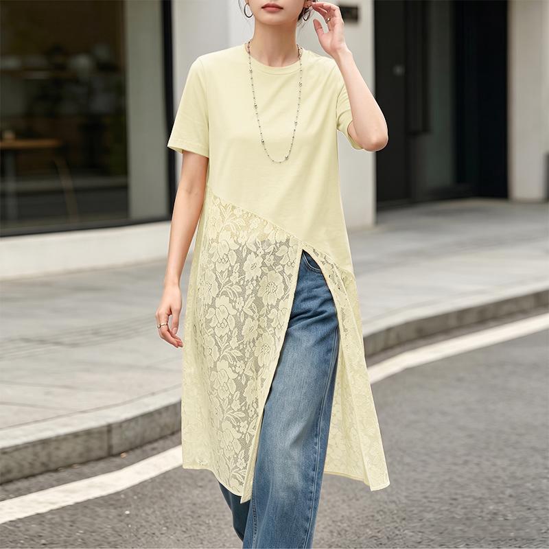 ZANZEA T-shirt Lunghe Casual da Donna Estive con Maniche Corte e Girocollo, Cuciture in Pizzo Irregolare