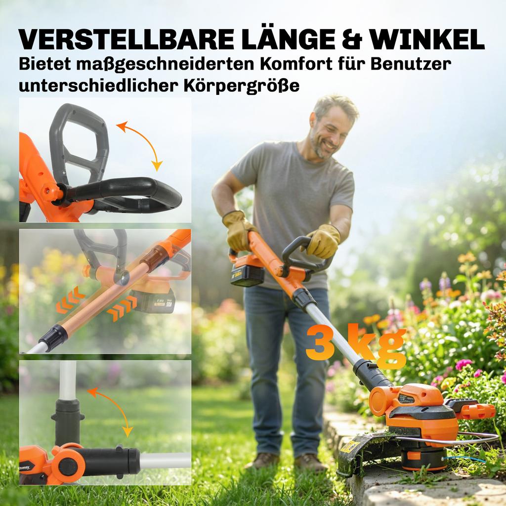 Cordless Lawn Trimmer 21V with 2x4.0Ah Batteries, 25 cm Cutting Width