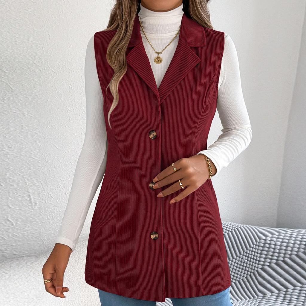 Women's Fashionable Solid Color Sleeveless Lapel Button Vest Jacket