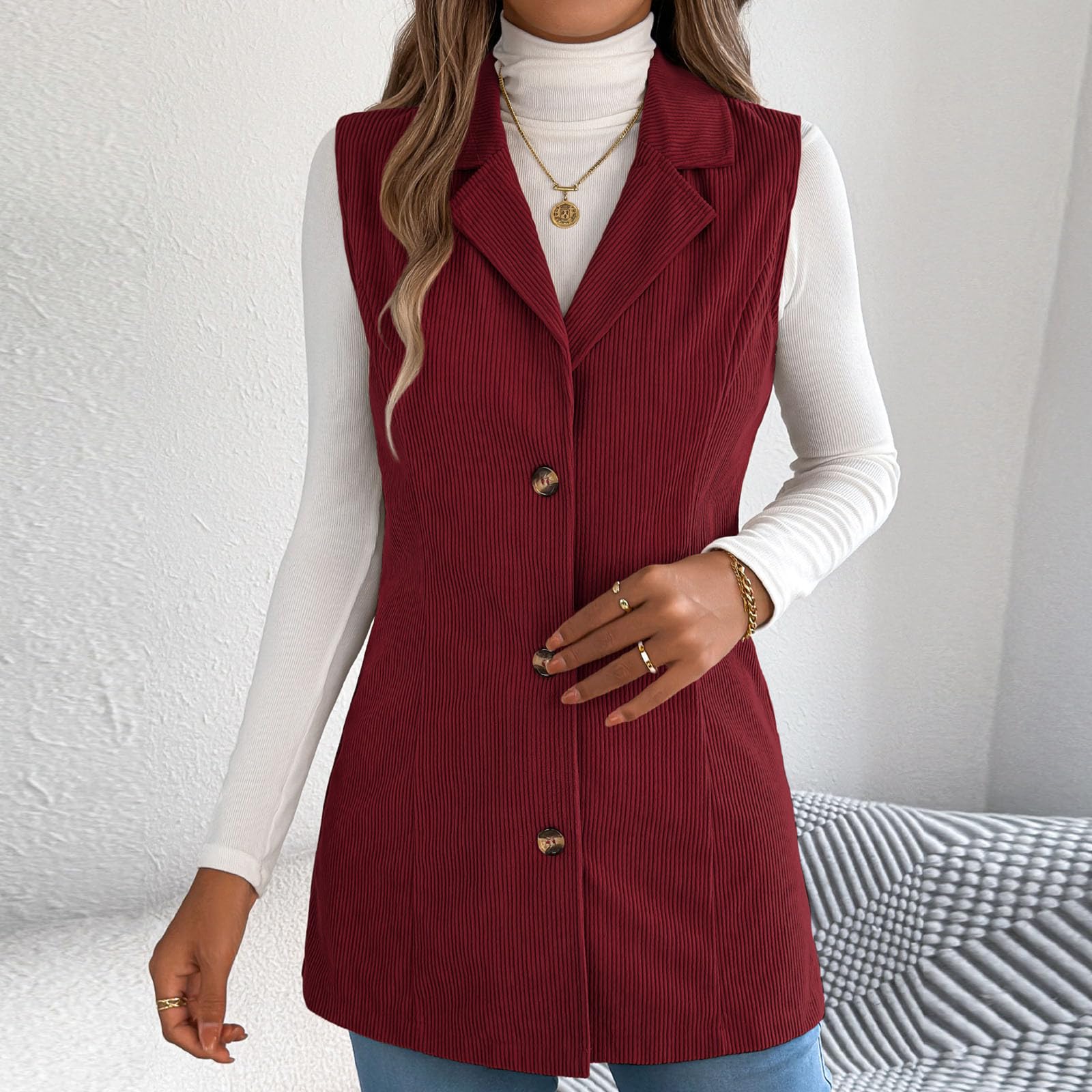 

Women s Fashionable Solid Color Sleeveless Lapel Button Vest Jacket XL