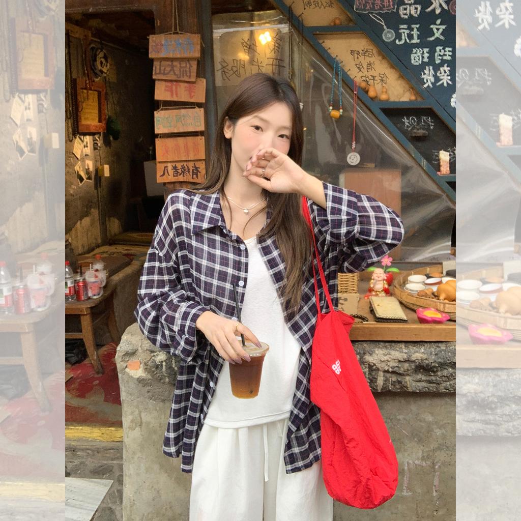 Korean retro plaid lazy style shirt long-sleeved women's autumn relaxation loose versatile and thin top