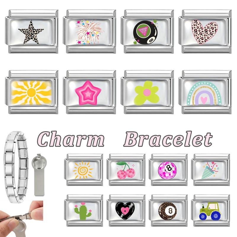 Y2K Colorful Charm Sun Leopard Heart Star Ball Fruit Flower Italian Charm Links Fit 9MM Stainless Steel Bracelet DIY Making Gift