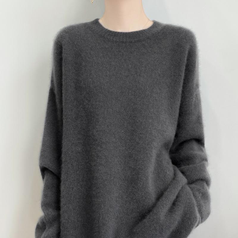 100% Pure Wool Women's Round Neck Knit Sweater - Long Sleeve, Loose, Lazy Style for Autumn/Winter