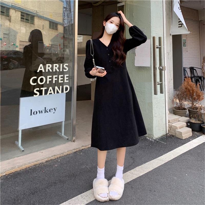 Women's V-Neck Long Sleeve Midi Dress Korean Style Solid Color A-Line Swing Dress Casual Elegant Button Down Dress For Spring Autumn