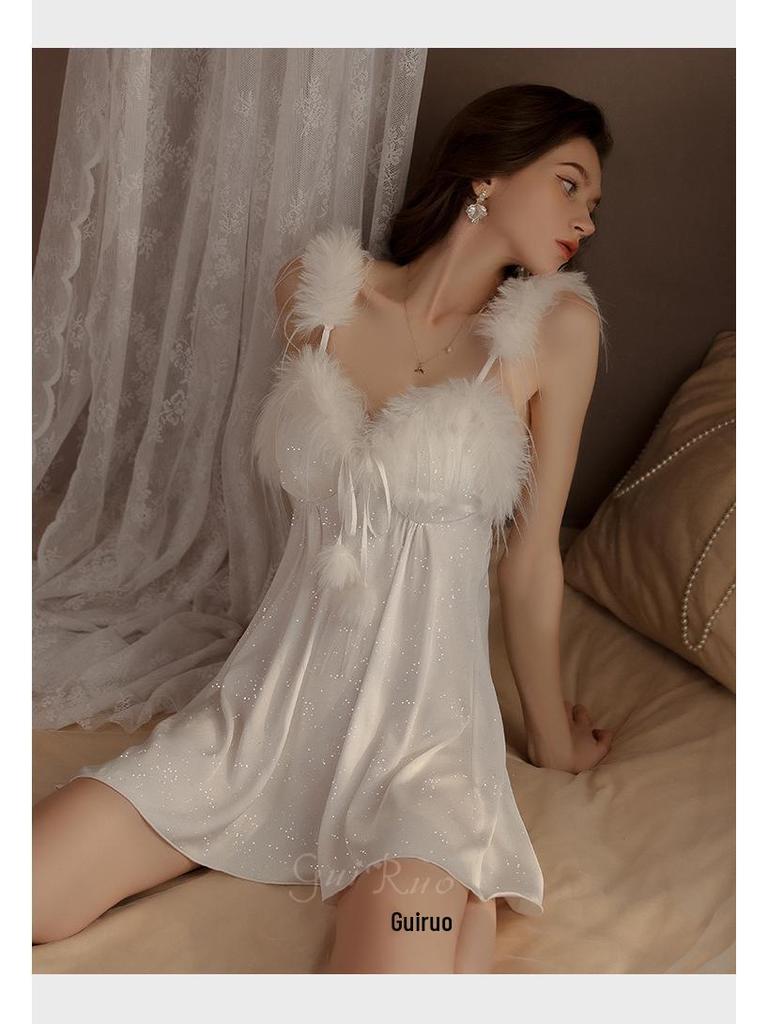 Guiruo Silver Padded Lingerie Set - Sexy Plus Size Camisole Nightgown & Robe 4419