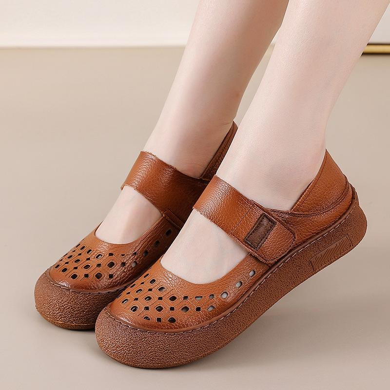 Fashion New arrival cutout cow leather sandals women summer mary jane flats shoes woman hook loop soft loafer ladies breathable sandals