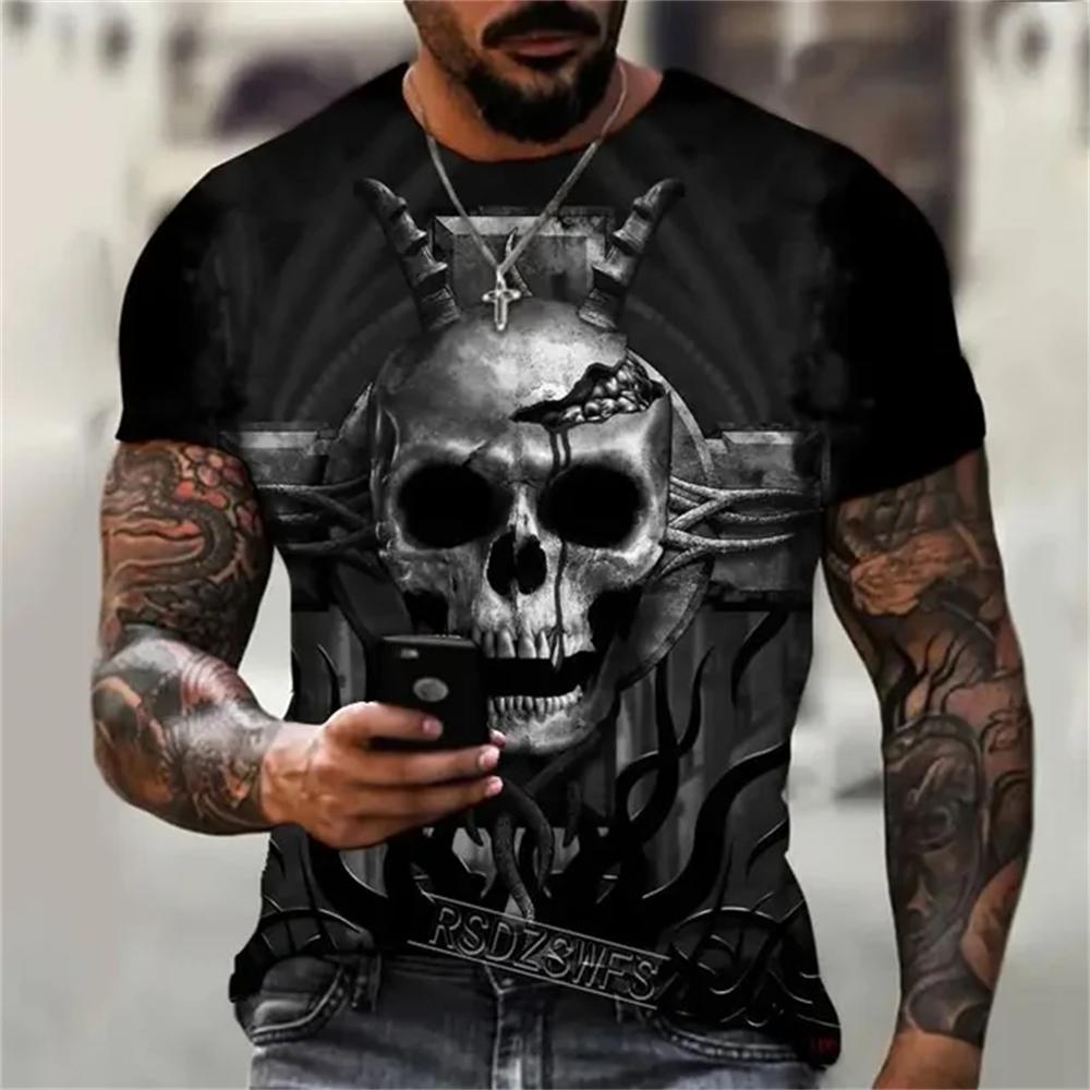 Summer Round Neck 3D Interesting and Terrifying Skull Pattern Print Top Fashionable Casual Short Sleeved Men's T-shirts