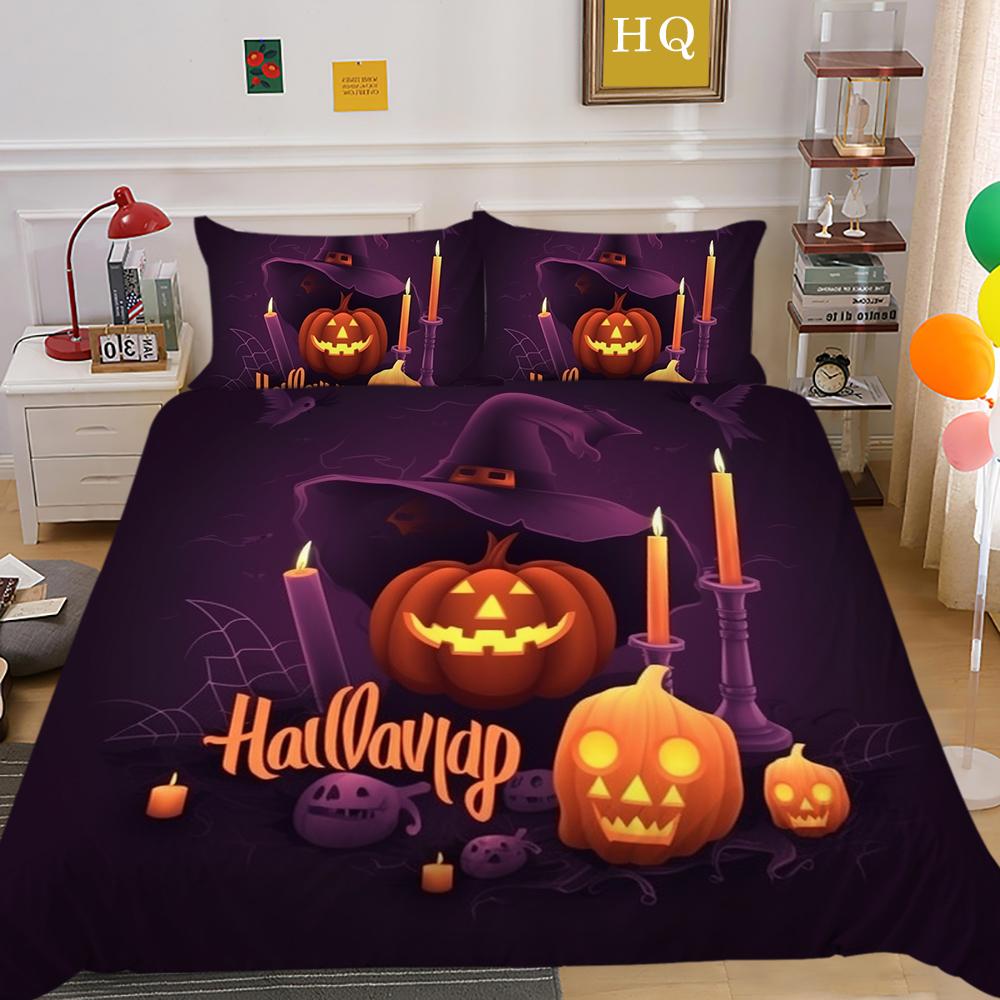 3D Halloween Home Bedding Set Pumpkin Ghost Quilt Cover Pillow Case 2/3 Pieces AU220 * 240 Full Size Soft and Easy To Clean Bedroom Decoration