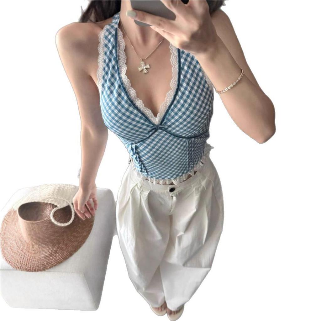 Pure & Sexy Red Plaid Lace Halter Top - Women's Summer Tank