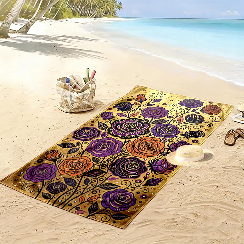 Purple and Orange Roses on Gold Background Beach towel quick-drying for travel outdoor sports jogging beach and swimming