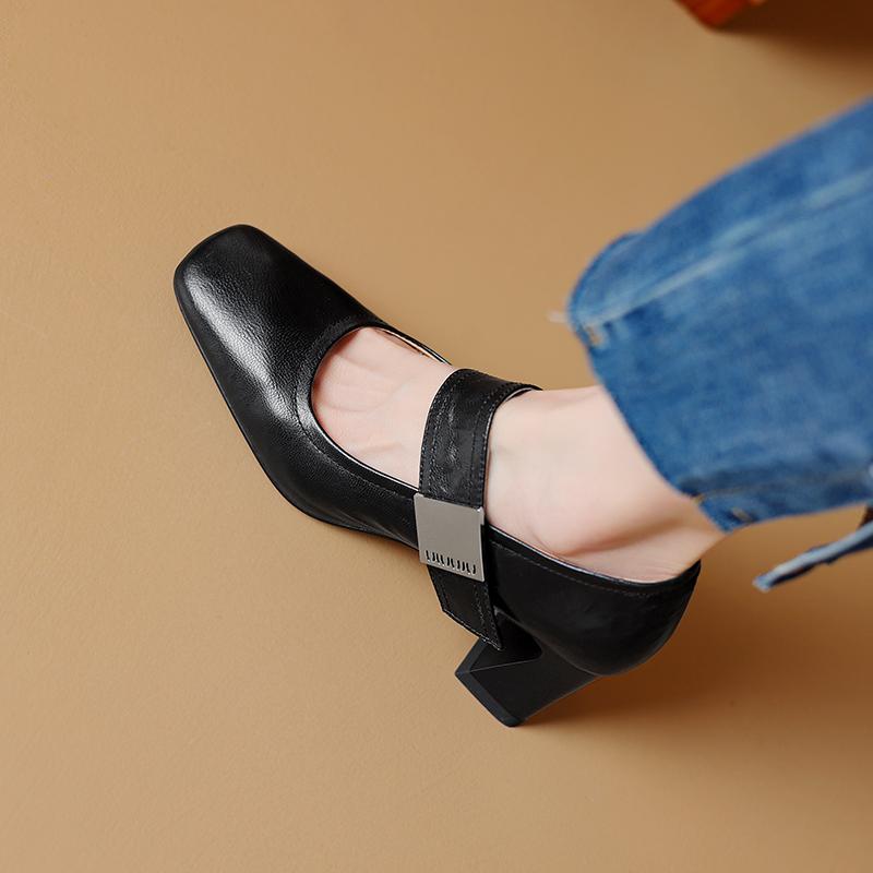 2024 High Heels Elegant Women Pumps Spring Summer Genuine Leather Square  Toe Buckle Strap Mary Janes Shoes Woman Office Lady
