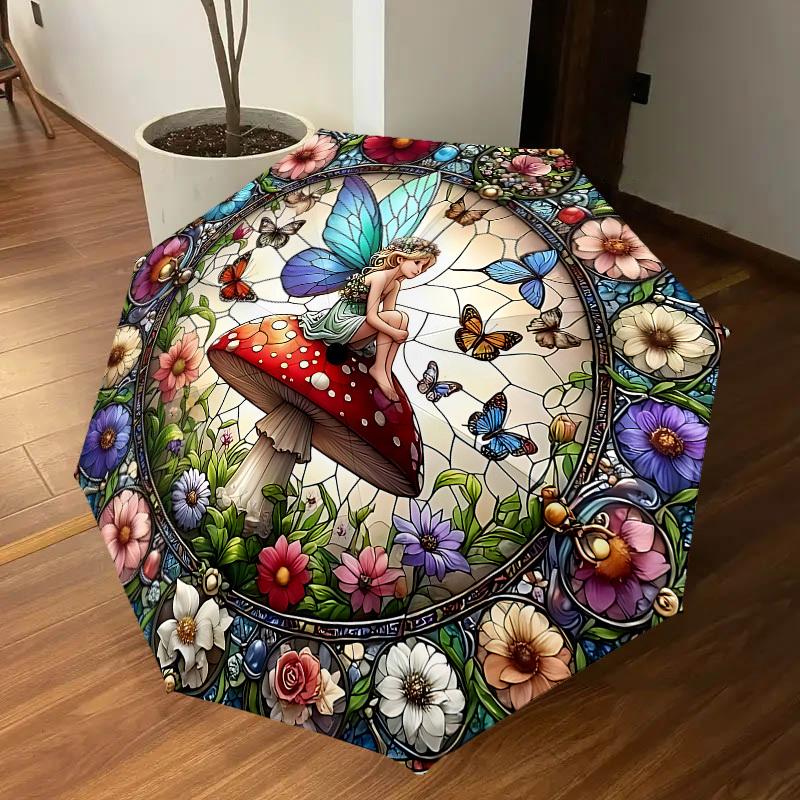 1PC fairy stained glassAutomatic Open/Close Umbrella with Windproof, 8-Rib Sturdy Canopy, Durable Ribs, Fashionable Design, Outdoor Accessory, Fun Pri