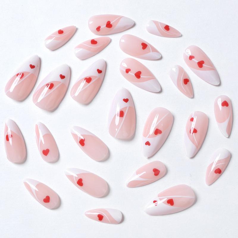 Valentine's Almond Press-on Nails: 24-Piece Heart & French Tip Set In Pink & White