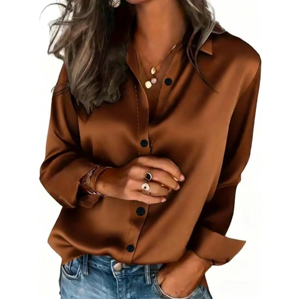 women's Shiny Satin Turn Down Collar Blouse Elegant Long Sleeve Shirt Casual Office Commute Wear Tops