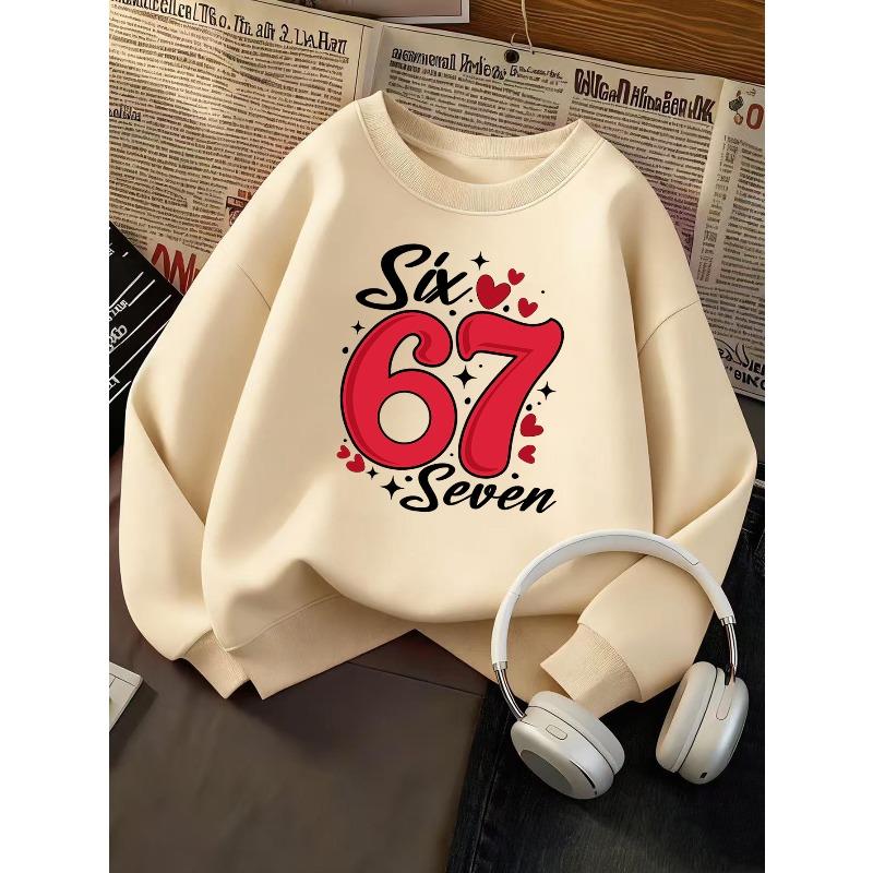 Kids Unisex Crewneck Sweatshirt, Red Heart Number 67 Six Seven Print Long Sleeve Pullover, Boys Girls Birthday Sweatshirt For Kids Over 4 Years Old