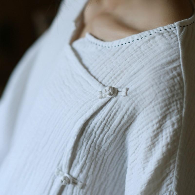 Johnature Kvinner Vintage bomullsskjorter Topper V-hals Langermet vårbluser Ensfarget knappe skjorter i kinesisk stil