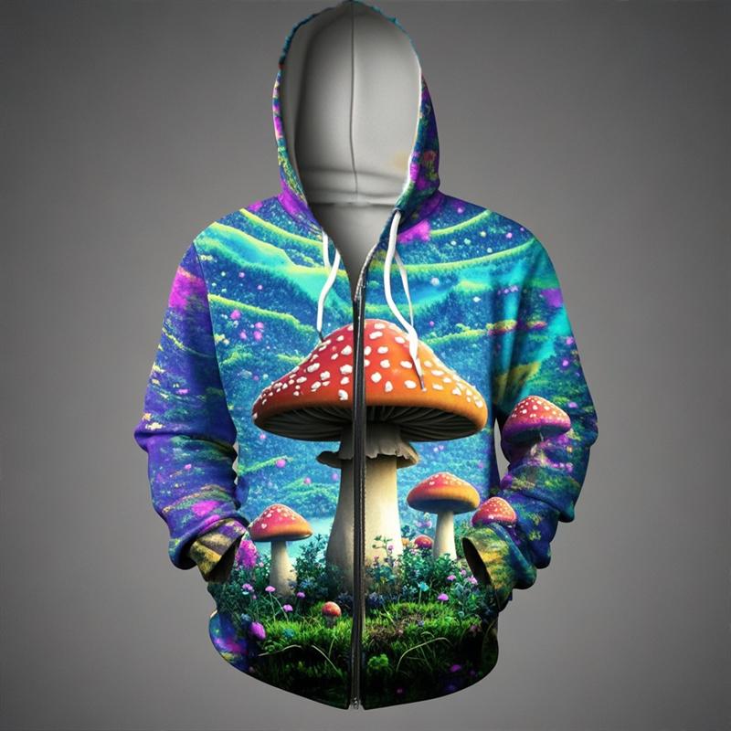 Sweat à capuche zippé impression 3D champignon Unisexe Mode décontractée Sweat à capuche Sweat-shirt de survêtement surdimensionné Vêtement