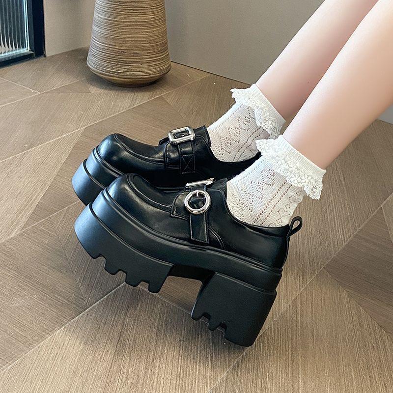 10CM Heels Women Leather Loafers Fad Designer Belt Buckle Lady Mary Jane Shoe Retro British Thick Sole Casual Shoe Zapatos Mujer