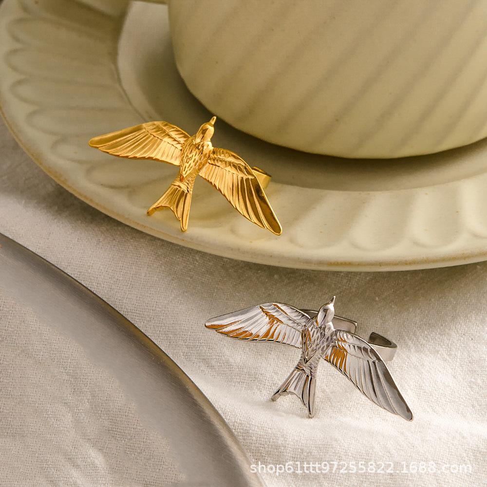 18K Gold Plated Stainless Steel Bird Open Ring for Women Silver Bird Design Ring