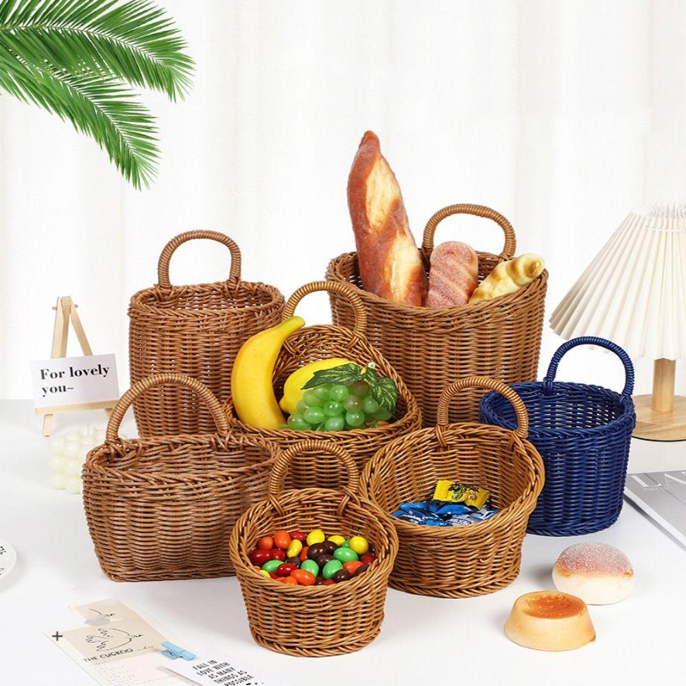 Woven Rattan Hanging Basket Hanging Wall Shelf Basket Garden Plant Baskets  Kitchen Decoration