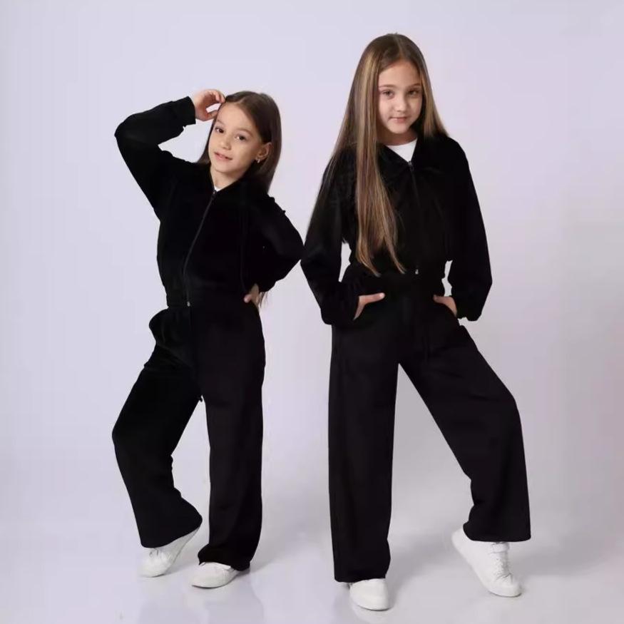 2026 Fall Winter Girls Velour Track Suit 2 Piece Set Casual Hoodie Sweatshirt Kids Warm Athletic Outfit