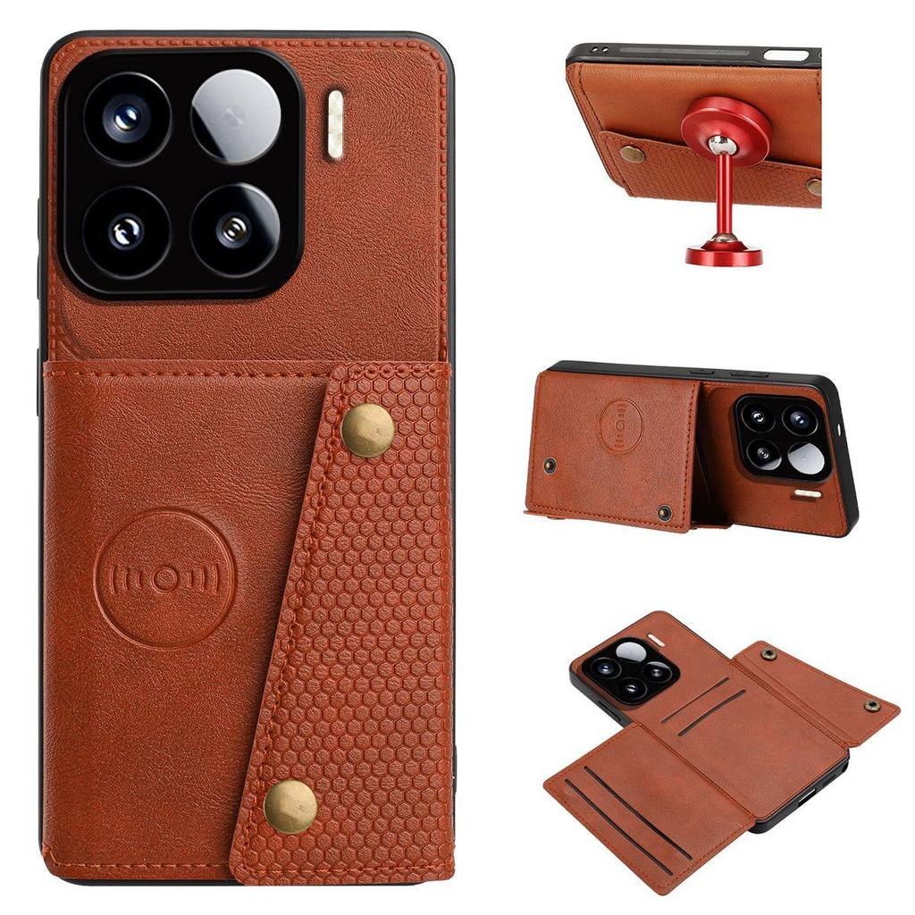 Vintage Leather Card Holder Phone Case for Xiaomi 15 Pro Card Pockets Dual Snap Buttons Flip Wallet Shell