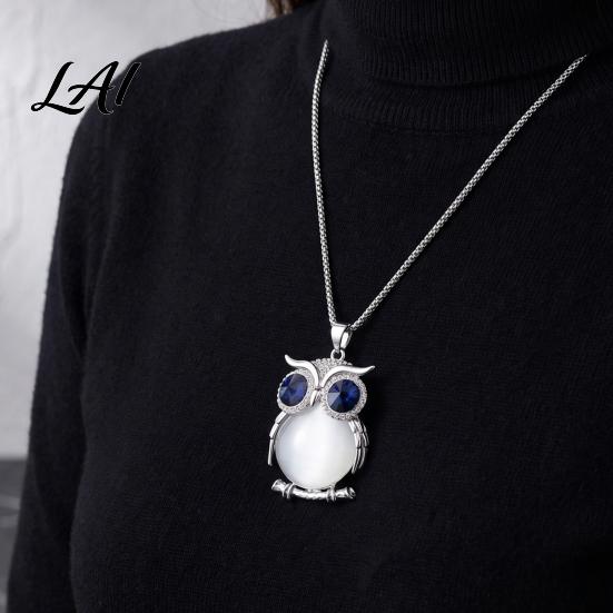 Gift for Mom And Friends Faux Crystal Owl Pendant Necklace Women Long Blue Sweater Chain Fashion Alloy Jewelry Accessory Daily Wear & Decoration