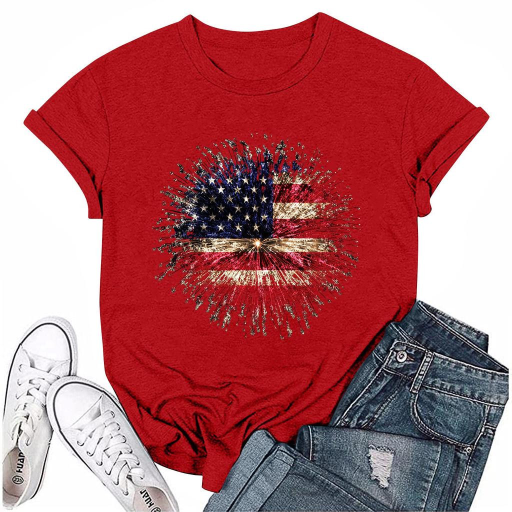 Adults Casual Daily Round Neck Independence Day Printed Short Sleeved T-shirt Letter Top