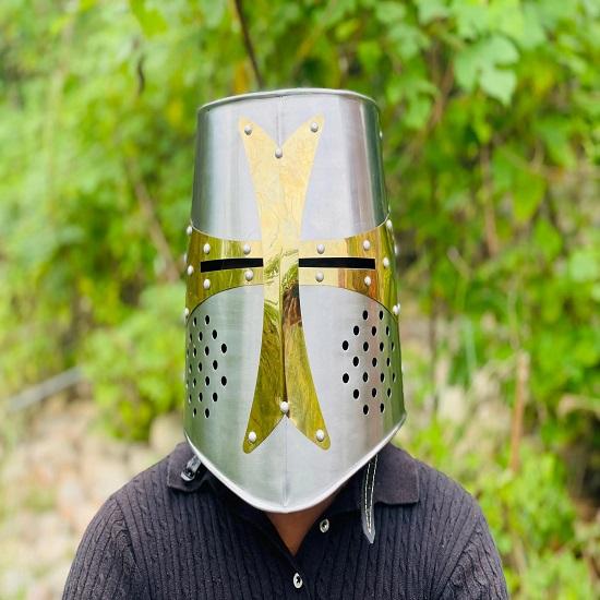 Templar Crusader Knight Helmet Medieval Great, Larp Cosplay,Handmade Steel Brass Cross Helmet, Collectible Gift