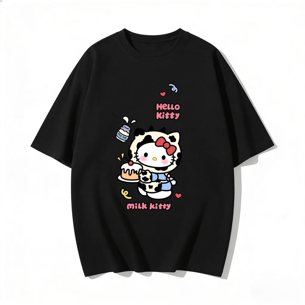 2026 New Summer HelloKitty Cute Graphic Tee Casual Short Sleeve Cotton Top for Women Girls Kawaii Cartoon Print Streetwear