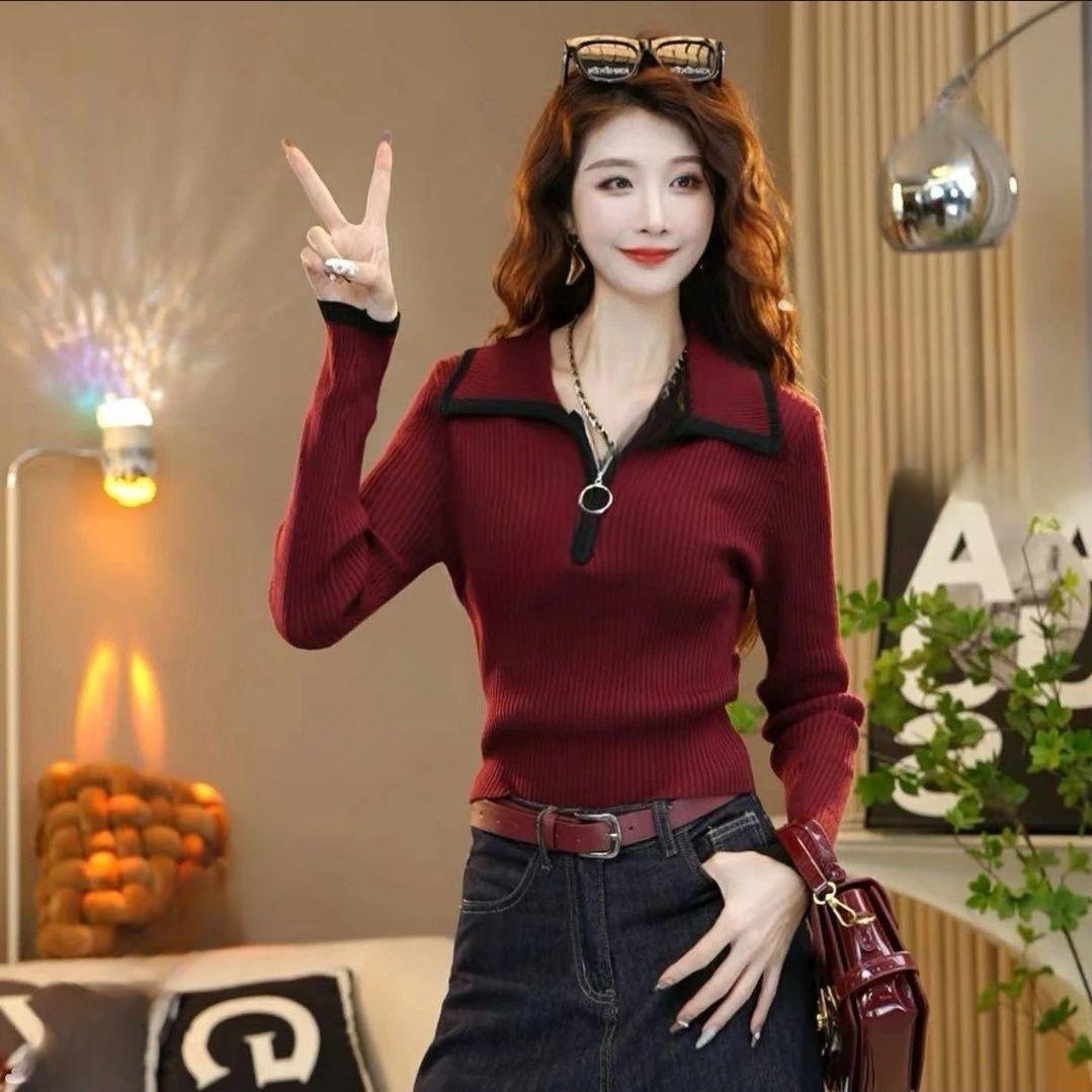 

Вязаный свитер на молнии с лацканами женский осенне-зимний пуловер с цветными блоками с длинными рукавами прилегающий вязаный топ женская базовая рубашка XS красный