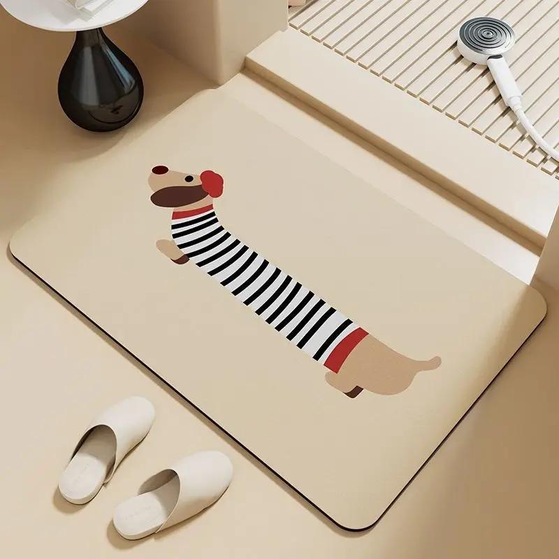Cute Dachshund Bath Mat Striped Sausage Dog Cartoon Beige Absorbent Non Slip Bathroom Floor Rug
