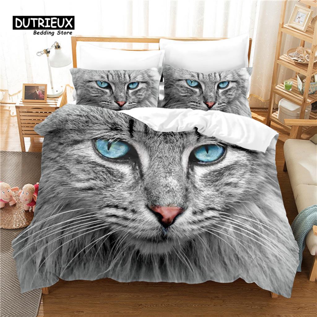 Funny Cat Duvet Cover Microfiber Pet Bedding Set Full King For Kids Child Cat Lovers Decor Cute Animal Quilt Cover Pillowcases