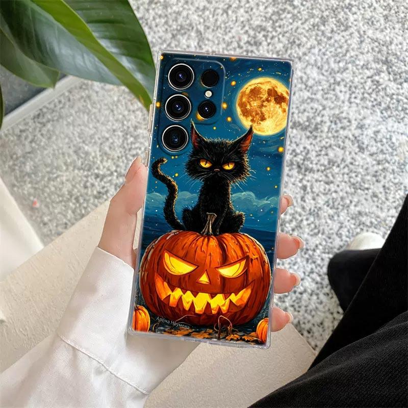 Happy Halloween Katze Kürbis S25FE Klare Hülle Für Samsung Galaxy S25 S24 S23 Ultra S20 S21 FE S22 Plus A56 5G A17 A07 Handyhülle