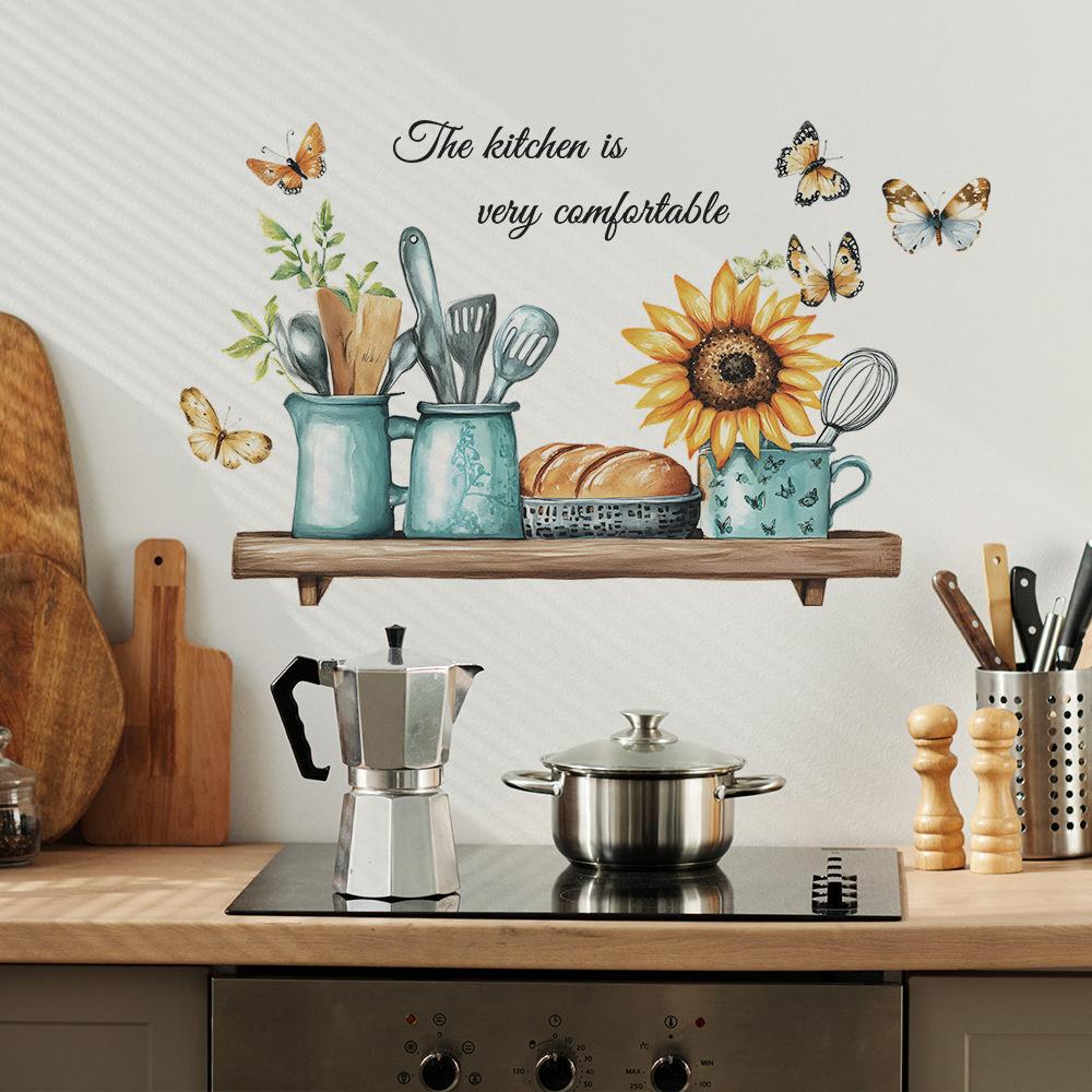 Kreatives Küchengeschirr mit Sonnenblumen und Schmetterlingen Wandaufkleber Selbstklebend Abnehmbar für Küche Esszimmer Hintergrund Heimdeko