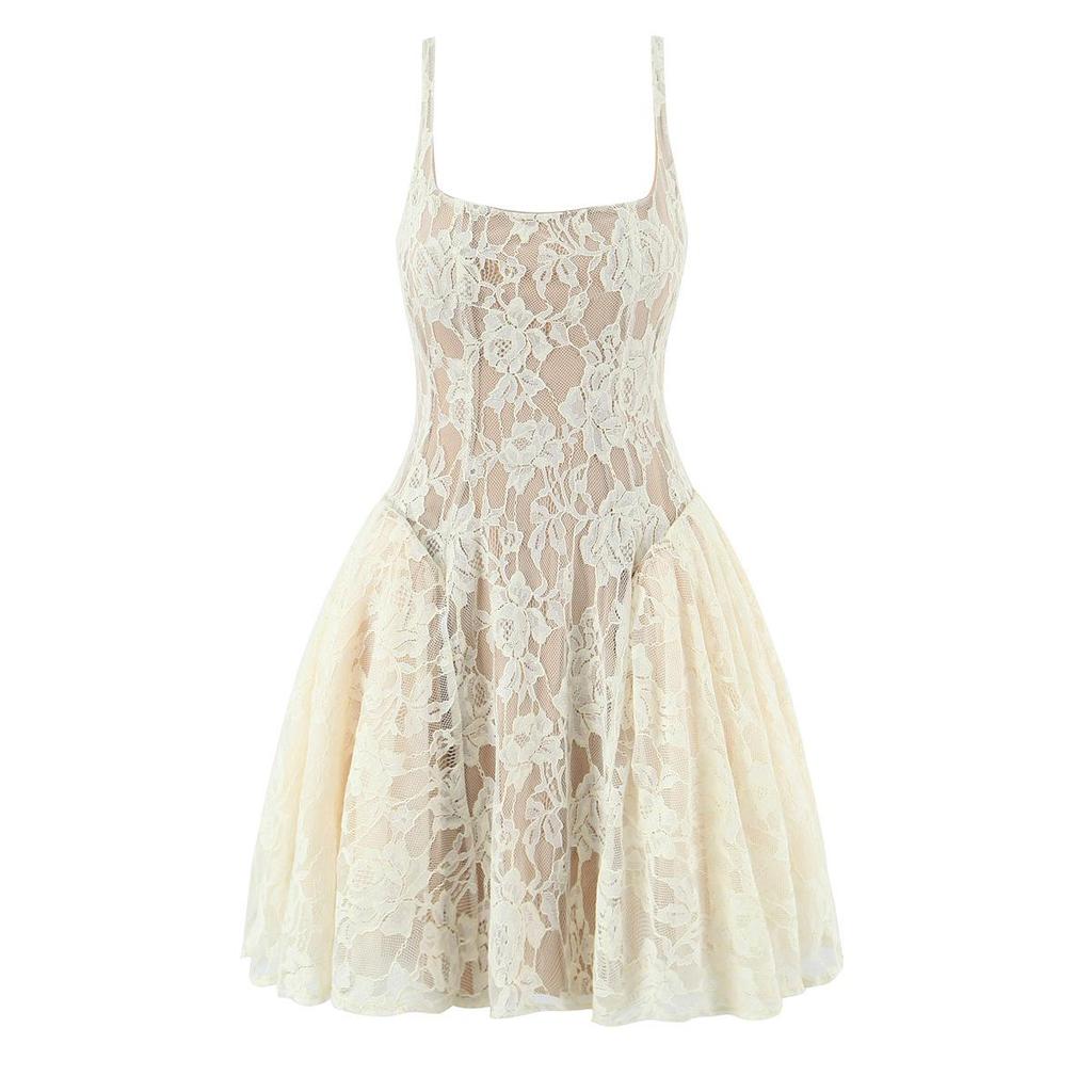 Elegant 2026 Sweet Lace Knit Camisole Dress with Retro Square Neck & Backless Design