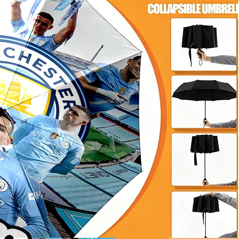 Custom Name Personalized Manchester City FC Print Umbrella, Auto Open Close, 8‑Rib Sturdy Frame, Commute Camping Hiking Use, Birthday Gift