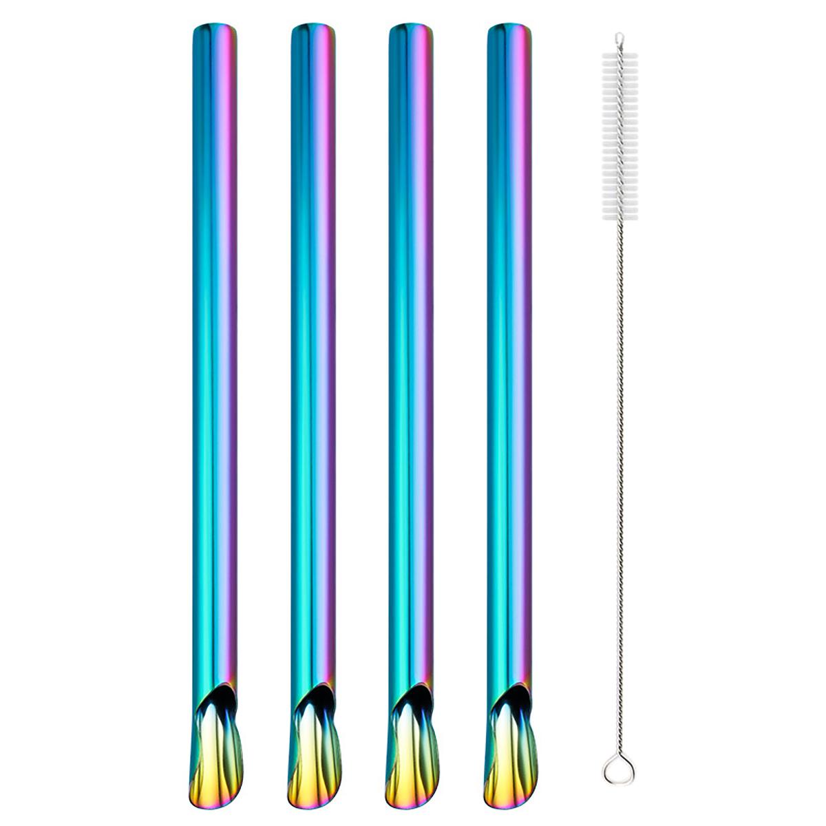 

5pcs 304 Stainless Steel Reusable Straw Set Pearl Milkshake Bubble Tea Straw with Brush Stirring Smoothie Spoon Shaped Straw Set