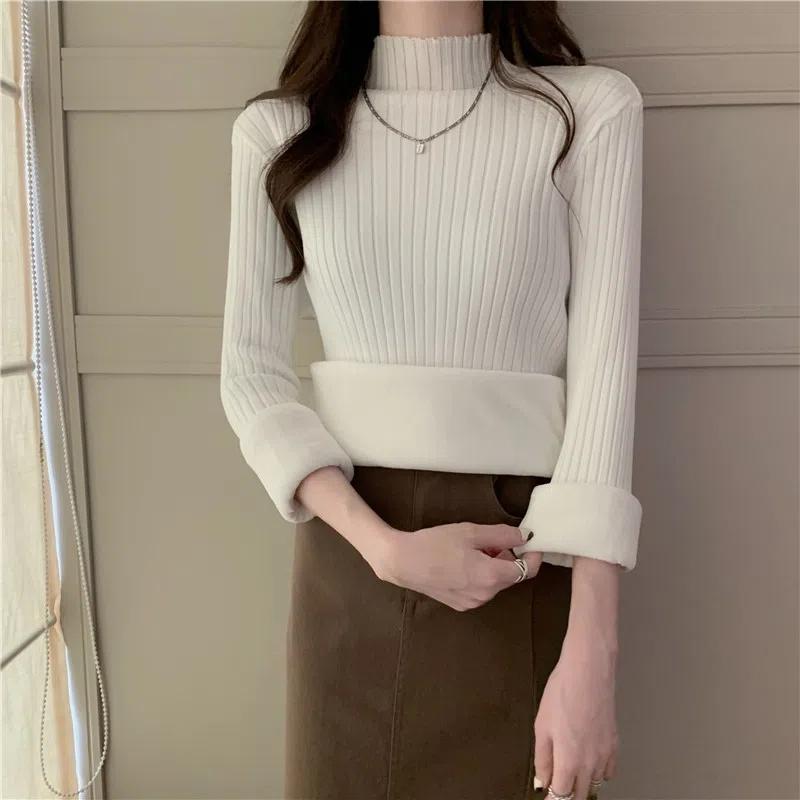 

Утолщенный плюшевый свитер с полуворотом, женская нижняя рубашка, зимний эластичный пуловер, универсальный топ с длинными рукавами, термоджемпер XL белый