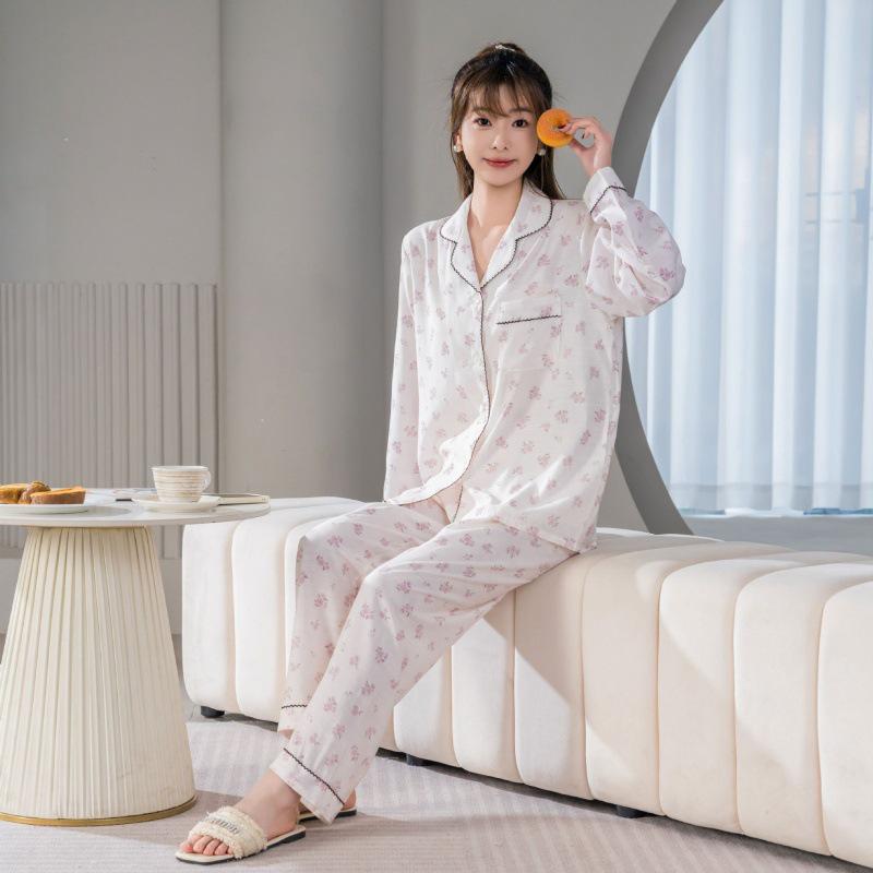 Mao Ma Sha Damen Pyjama-Set, Langarm, Lange Hose, Strickjacke, Große Größen, Revers-Design, Für Zuhause oder Draußen, Frühling/Herbst.