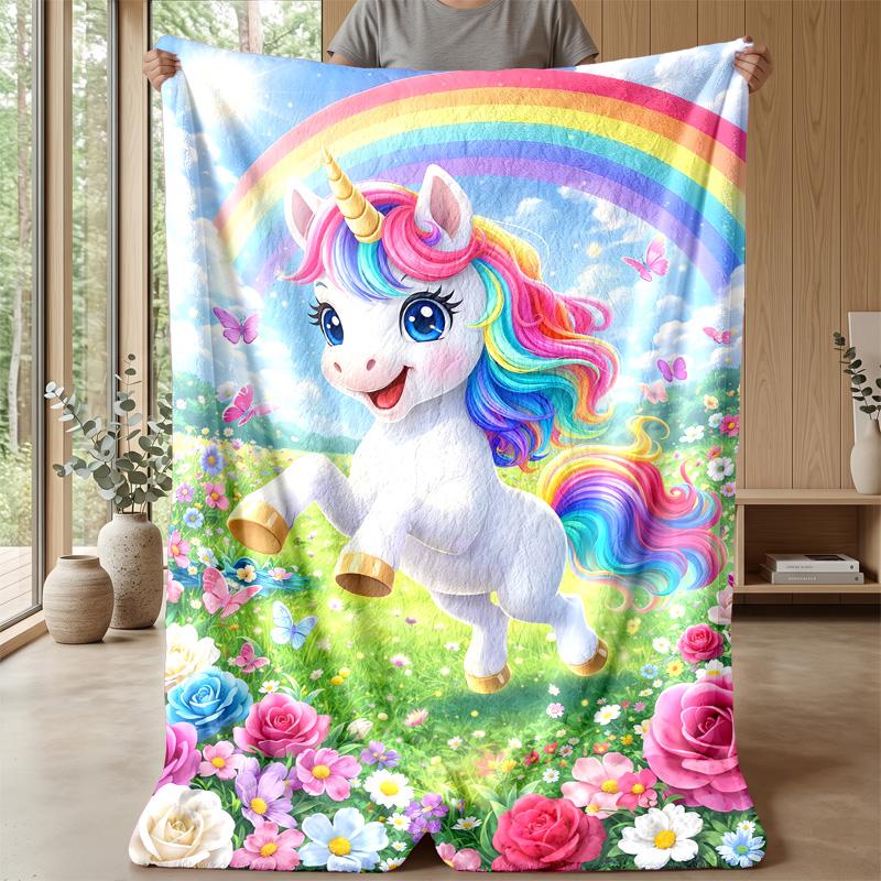 Rainbow Winged Unicorn Theme Blanket Lightweight Warm Flannel Blanket Decorative Throw Blanket for Home Decoration