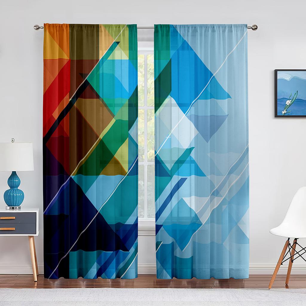 Colorful Gradient Rainbow Sheer Voile Curtain Triangle Geometric Window Tulle Curtains for Living Room Bedroom Kitchen Drapes
