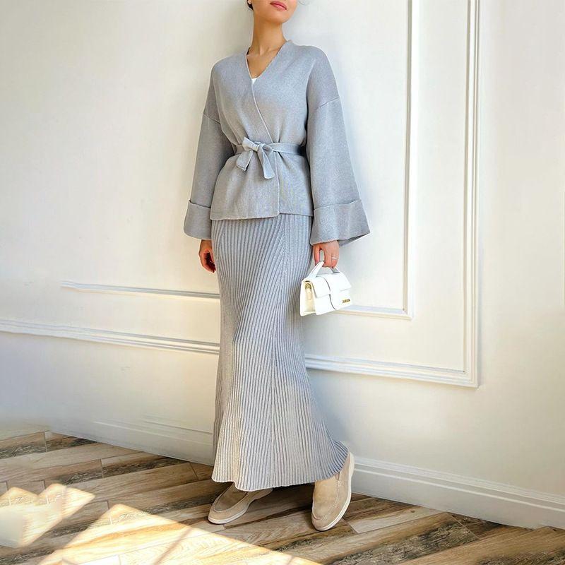 V-neck Lace-up Elegant High Waist Skirt 2 Pieces Knitting Suit Skirt 2-Piece Knitted Set