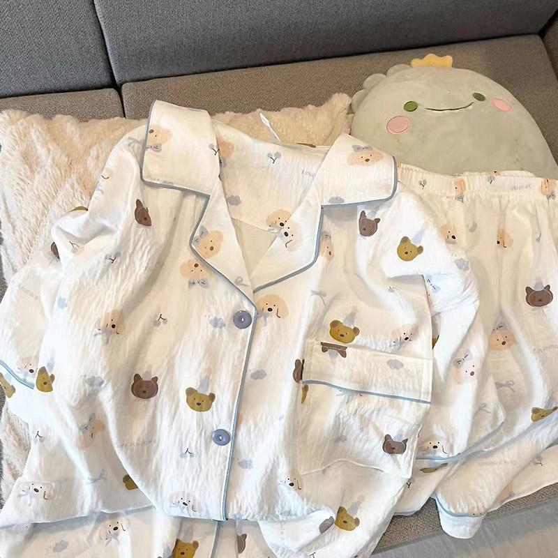 2 PIÈCES Pyjama Vêtements de Nuit Décontracté Ensemble Pyjama Manches Courtes Short Costume Imprimé Chien et Chat Doux Confort Vêtements de Maison Loisirs