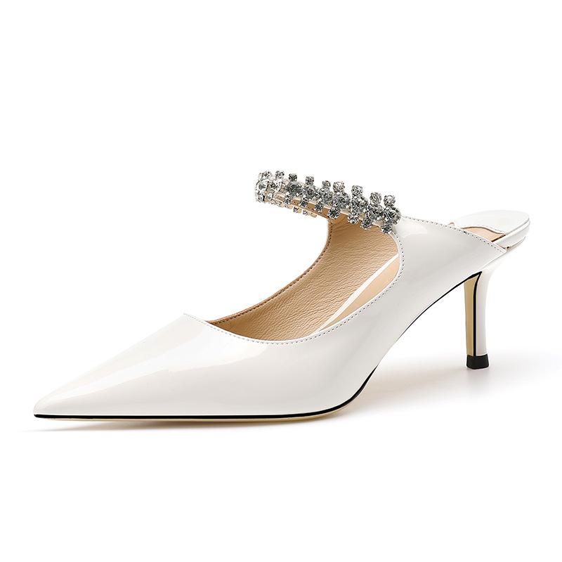 JC Fairy Rhinestone Patent Leather Stiletto Mules: Summer Pointed Toe, Closed Temperament Half-Slippers