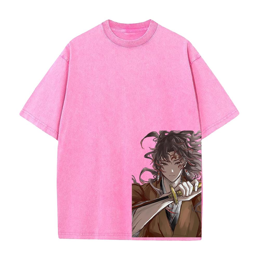 Anime Demon Slayer Tsugikuni Yoriichi Printed Tee Men Women Washed Cotton T-shirts Short Sleeve Vintage T Shirt Harajuku Tshirt